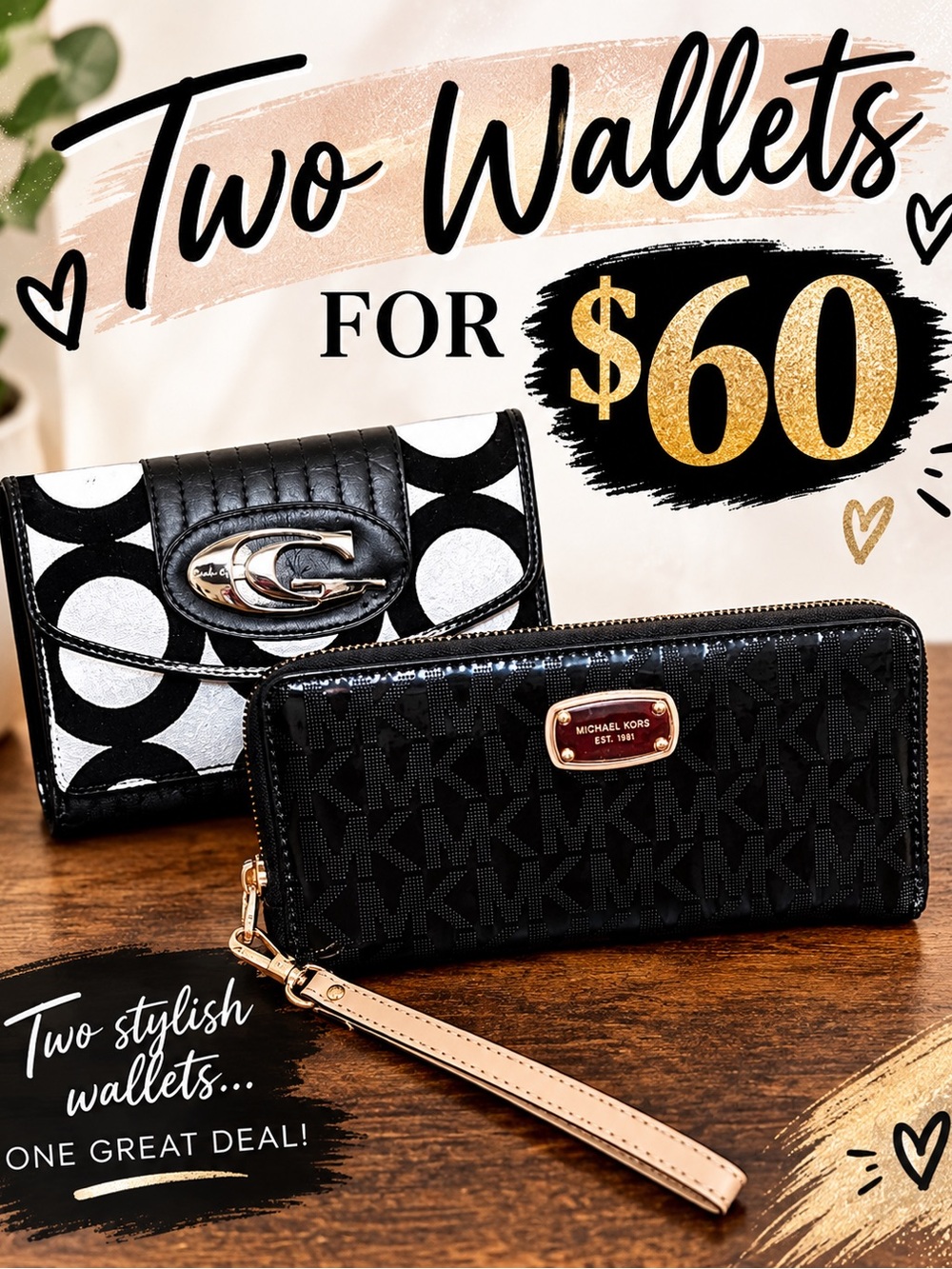 Michael Kors Black and Carlo G White Logo Zip-Around Wristlet Duo